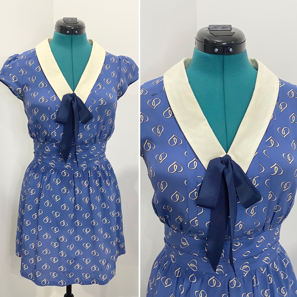 Vintage-Inspired Blue Silk Sailor Collar Dress with Hearts and Tie Front